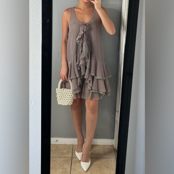 Gray rosette tiered ruffle mesh mini dress M fairycore coquette brunch soft girl - Picture 1 of 16
